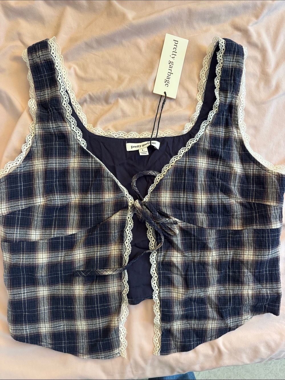 Pretty Garbage Navy Plaid Lace-Trim Tie-Front Crop Top